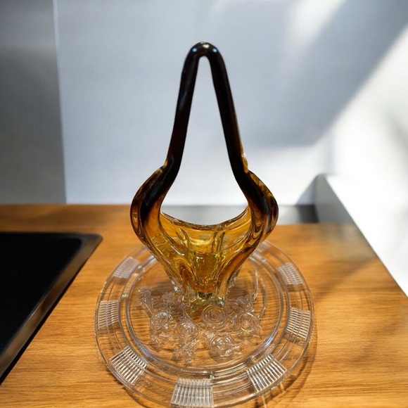 Vintage Amber Murano Style Basket Bowl Hand Blown Decorative Chalet - Picture 4 of 8